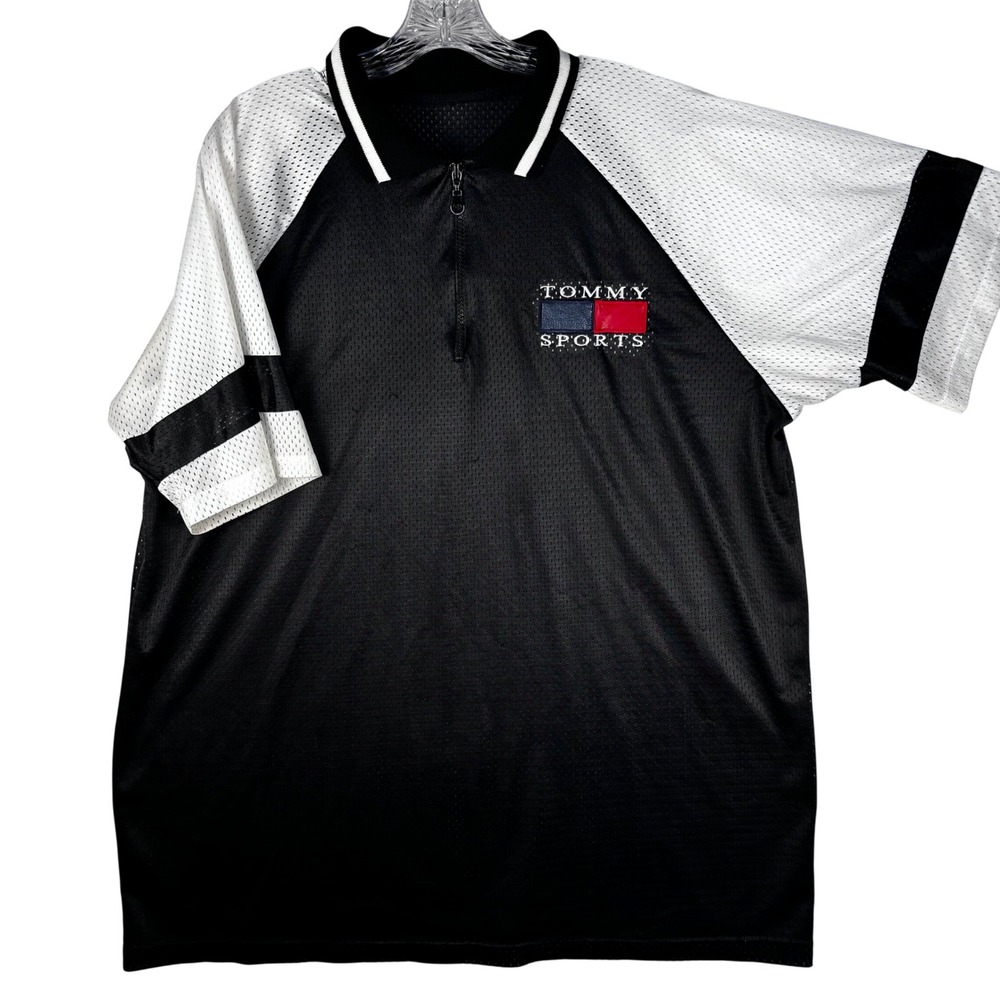 Vtg Tommy Sports Mesh y2K Jersey Polo Shirt Black White‎ Quarter Zip Logo Mens